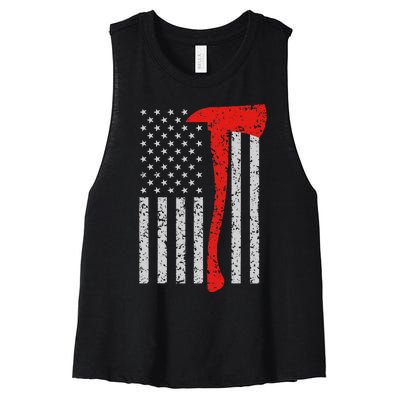 Firefighter American Flag Axe Thin Red Line Patriot Women's Racerback Cropped Tank