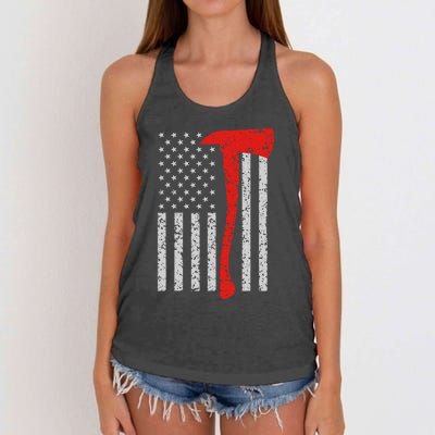 Firefighter American Flag Axe Thin Red Line Patriot Women's Knotted Racerback Tank