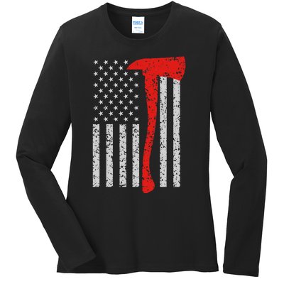 Firefighter American Flag Axe Thin Red Line Patriot Ladies Long Sleeve Shirt