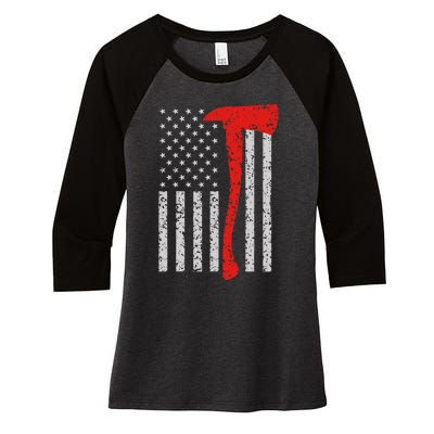 Firefighter American Flag Axe Thin Red Line Patriot Women's Tri-Blend 3/4-Sleeve Raglan Shirt