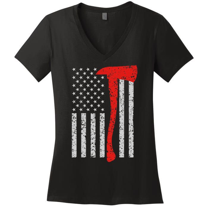 Firefighter American Flag Axe Thin Red Line Patriot Women's V-Neck T-Shirt