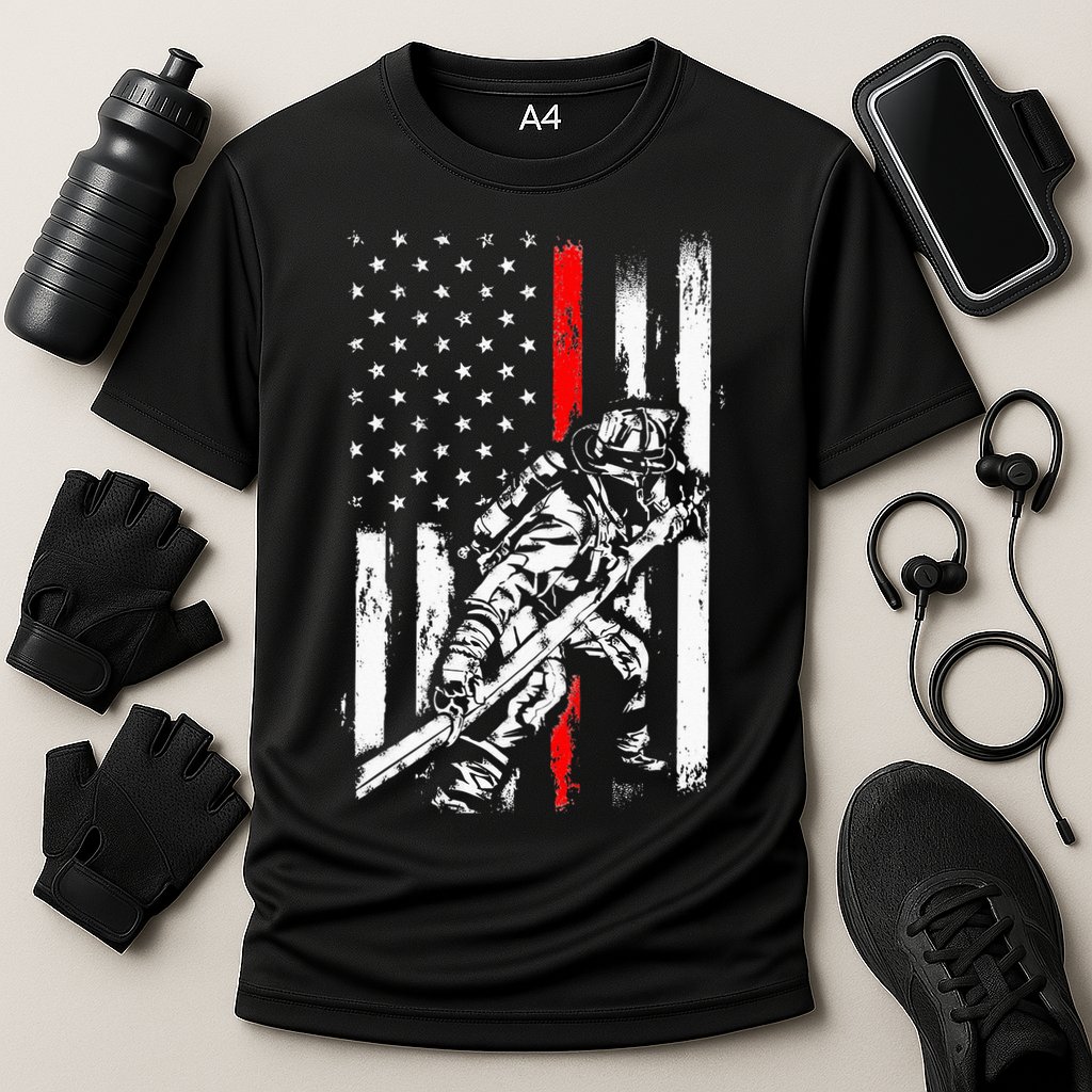 Firefighter American Flag for US Fireman Performance Shirt