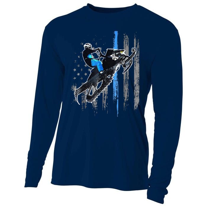 Funny American Flag Snowmobile Snowmobile Riding Gift Cooling Performance Long Sleeve Crew