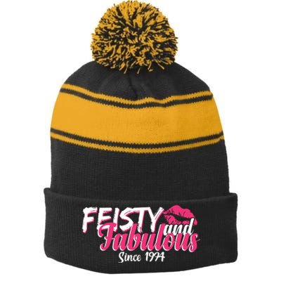 Feisty And Fabulous Since 1974 50th Birthday Stripe Pom Pom Beanie