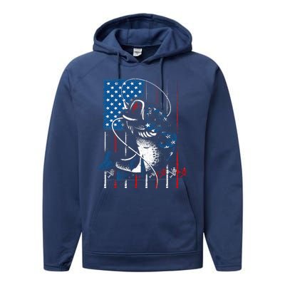 Fishing Art For American Flag USA Fishing Lover Performance Fleece Hoodie