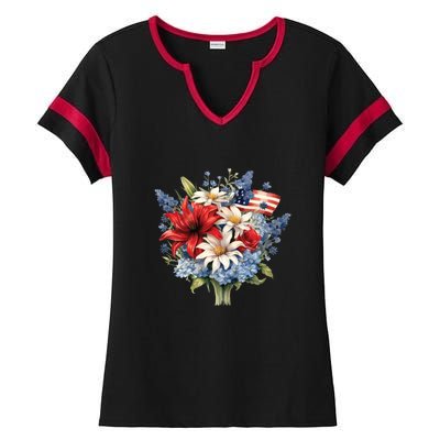 Flowers American Flag Independence Day Floral USA Flag Ladies Halftime Notch Neck Tee