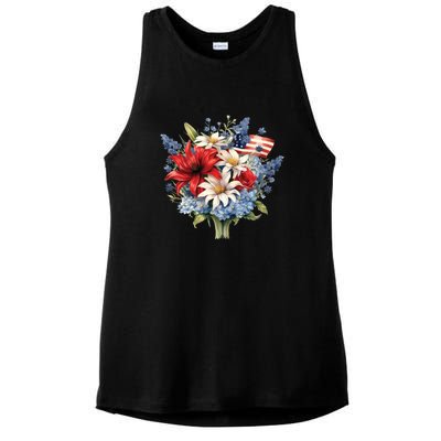 Flowers American Flag Independence Day Floral USA Flag Ladies PosiCharge Tri-Blend Wicking Tank