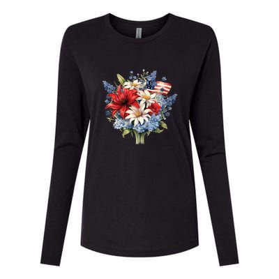 Flowers American Flag Independence Day Floral USA Flag Womens Cotton Relaxed Long Sleeve T-Shirt