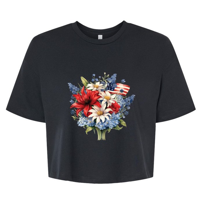 Flowers American Flag Independence Day Floral USA Flag Bella+Canvas Jersey Crop Tee