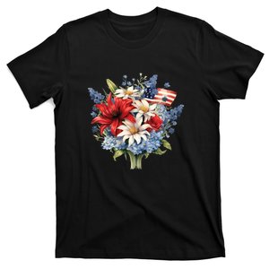 Flowers American Flag Independence Day Floral USA Flag T-Shirt