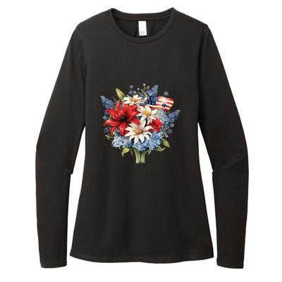 Flowers American Flag Independence Day Floral USA Flag Womens CVC Long Sleeve Shirt