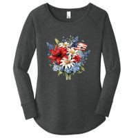 Flowers American Flag Independence Day Floral USA Flag Women's Perfect Tri Tunic Long Sleeve Shirt