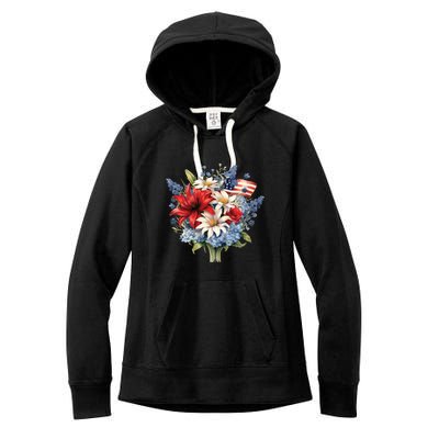 Flowers American Flag Independence Day Floral USA Flag Women's Fleece Hoodie