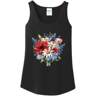 Flowers American Flag Independence Day Floral USA Flag Ladies Essential Tank