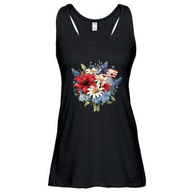 Flowers American Flag Independence Day Floral USA Flag Ladies Essential Flowy Tank