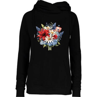 Flowers American Flag Independence Day Floral USA Flag Womens Funnel Neck Pullover Hood