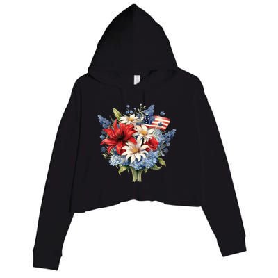 Flowers American Flag Independence Day Floral USA Flag Crop Fleece Hoodie