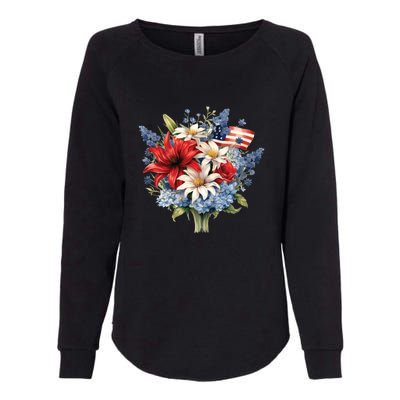 Flowers American Flag Independence Day Floral USA Flag Womens California Wash Sweatshirt