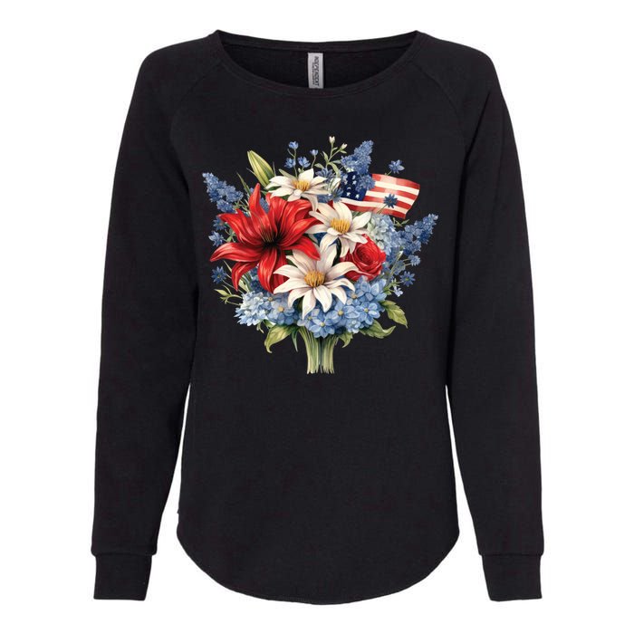 Flowers American Flag Independence Day Floral USA Flag Womens California Wash Sweatshirt