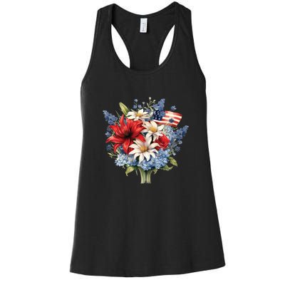 Flowers American Flag Independence Day Floral USA Flag Women's Racerback Tank