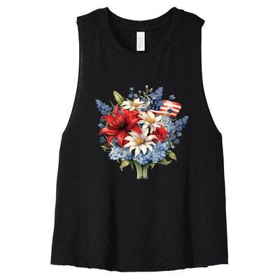 Flowers American Flag Independence Day Floral USA Flag Women's Racerback Cropped Tank