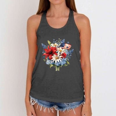 Flowers American Flag Independence Day Floral USA Flag Women's Knotted Racerback Tank