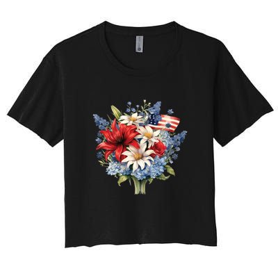 Flowers American Flag Independence Day Floral USA Flag Women's Crop Top Tee