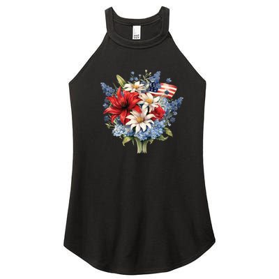 Flowers American Flag Independence Day Floral USA Flag Women’s Perfect Tri Rocker Tank