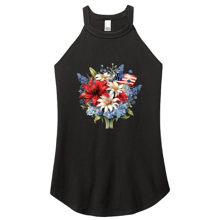 Flowers American Flag Independence Day Floral USA Flag Women’s Perfect Tri Rocker Tank