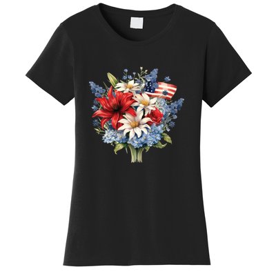 Flowers American Flag Independence Day Floral USA Flag Women's T-Shirt