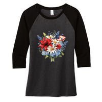 Flowers American Flag Independence Day Floral USA Flag Women's Tri-Blend 3/4-Sleeve Raglan Shirt