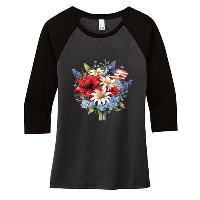 Flowers American Flag Independence Day Floral USA Flag Women's Tri-Blend 3/4-Sleeve Raglan Shirt