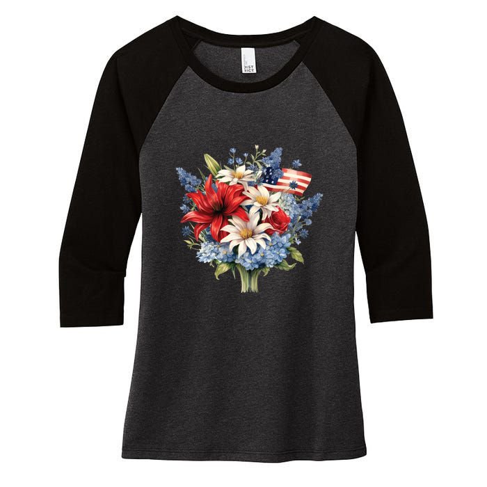 Flowers American Flag Independence Day Floral USA Flag Women's Tri-Blend 3/4-Sleeve Raglan Shirt