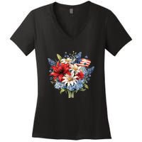 Flowers American Flag Independence Day Floral USA Flag Women's V-Neck T-Shirt