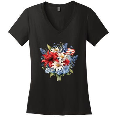 Flowers American Flag Independence Day Floral USA Flag Women's V-Neck T-Shirt