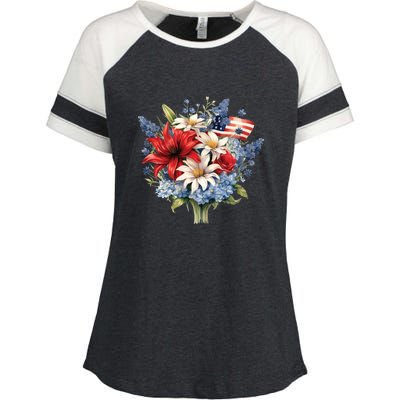 Flowers American Flag Independence Day Floral USA Flag Enza Ladies Jersey Colorblock Tee