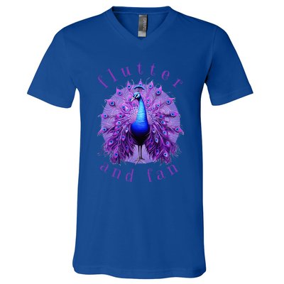 Flutter And Fan Apparel Peacock On Glowing Moon V-Neck T-Shirt