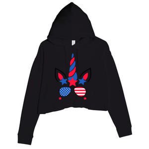 Funny American Flag Unicorn, Independence Day Girl Crop Fleece Hoodie