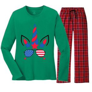 Funny American Flag Unicorn, Independence Day Girl Women's Long Sleeve Flannel Pajama Set 