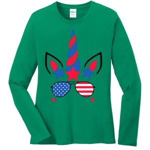 Funny American Flag Unicorn, Independence Day Girl Ladies Long Sleeve Shirt