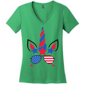 Funny American Flag Unicorn, Independence Day Girl Women's V-Neck T-Shirt