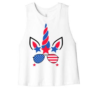 Funny American Flag Unicorn, Independence Day Girl Women's Racerback Cropped Tank