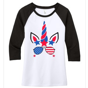 Funny American Flag Unicorn, Independence Day Girl Women's Tri-Blend 3/4-Sleeve Raglan Shirt