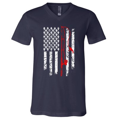 Fishing American Flag Husband Son Grandson Funny Fisherman V-Neck T-Shirt