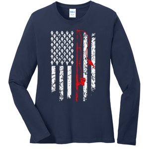 Fishing American Flag Husband Son Grandson Funny Fisherman Ladies Long Sleeve Shirt