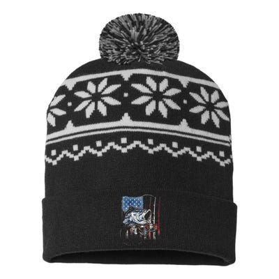 Fishing American Flag Vintage USA Bass Fisherman Gift USA-Made Snowflake Beanie