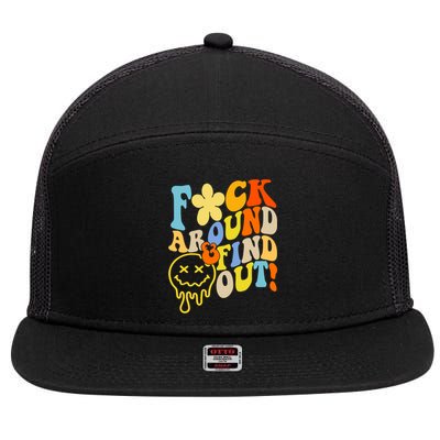 Fuck Around Find Out Smile Retro Groovy Funny 7 Panel Mesh Trucker Snapback Hat