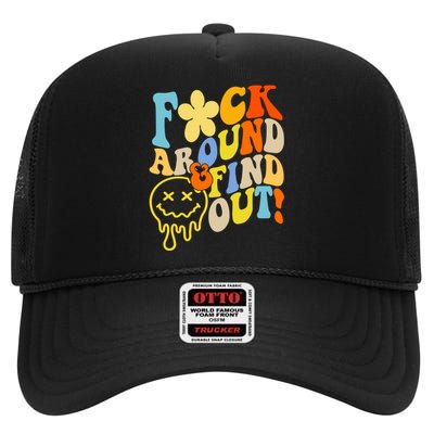 Fuck Around Find Out Smile Retro Groovy Funny High Crown Mesh Back Trucker Hat