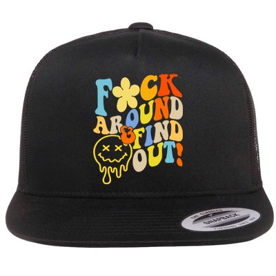 Fuck Around Find Out Smile Retro Groovy Funny Flat Bill Trucker Hat