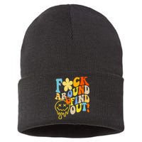 Fuck Around Find Out Smile Retro Groovy Funny Sustainable Knit Beanie